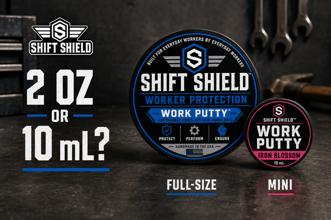 Comparison of a full-size 2 oz Shift Shield Work Putty tin and a 10 mL Iron Blossom mini