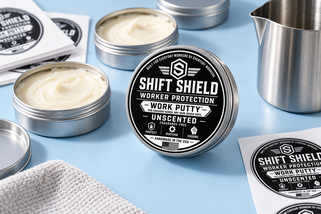 Illustrative arrangement of balm tins, a pouring jug, and label backing sheets on a clean tabletop.