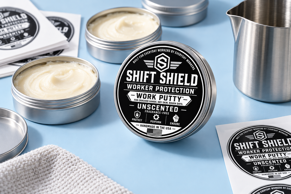 Illustrative arrangement of balm tins, a pouring jug, and label backing sheets on a clean tabletop.