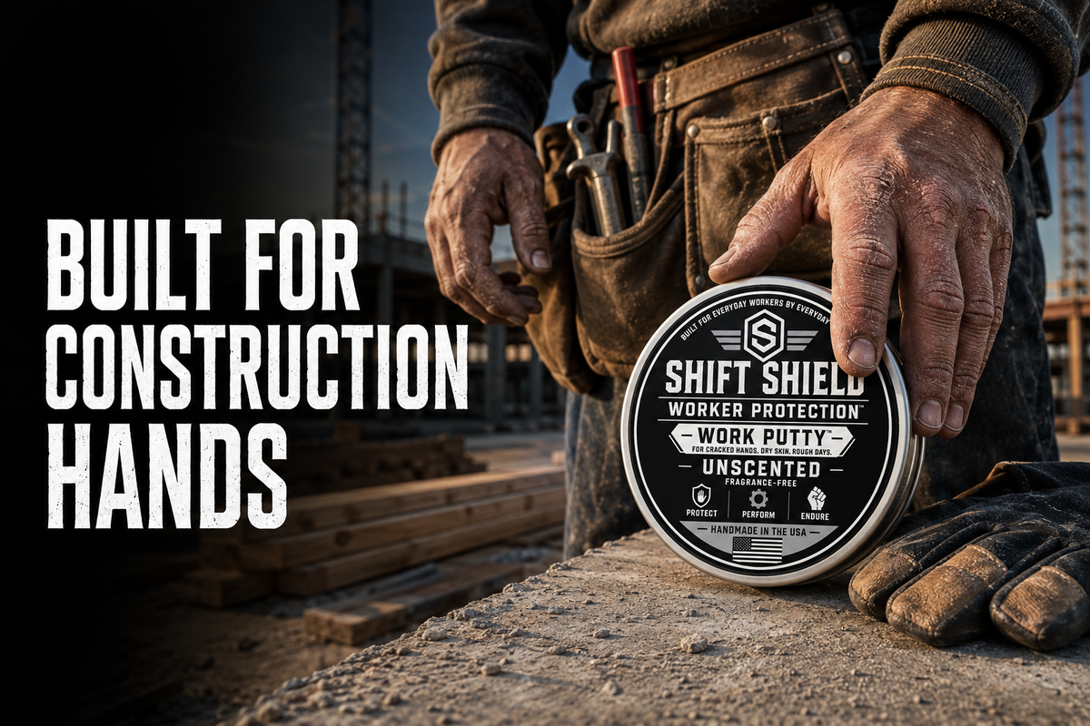 Construction worker with dry work-worn hands beside Shift Shield Unscented Work Putty and the words Built for Construction Hands