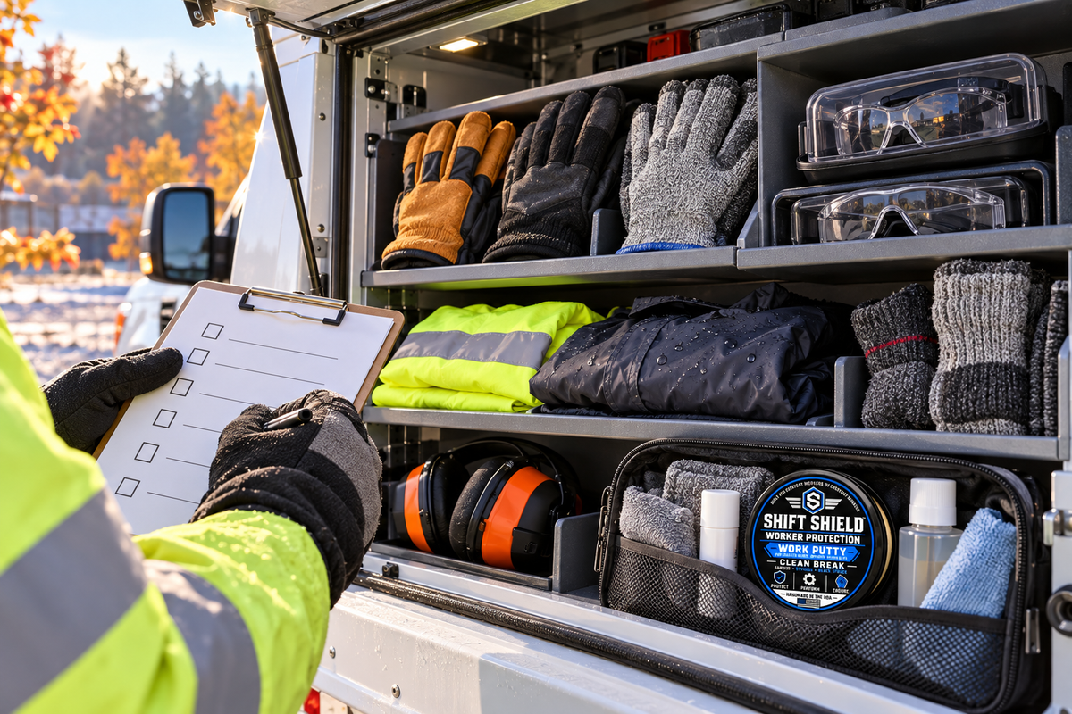 Organized cold-weather crew-truck compartment with spare gloves, safety glasses, dry layers, rain gear, hearing protection and a Clean Break 2 oz Work Putty tin