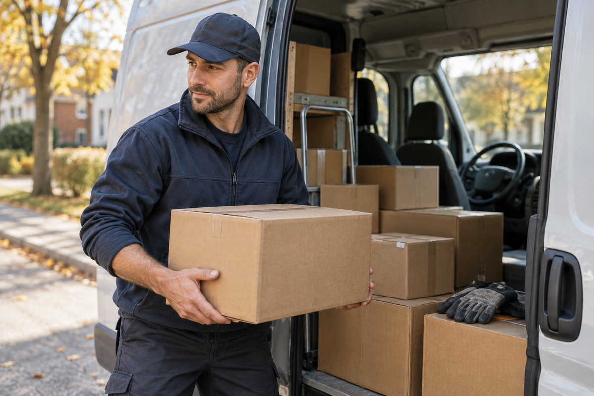 Delivery driver carrying a cardboard package beside an open van, with work gloves resting nearby.