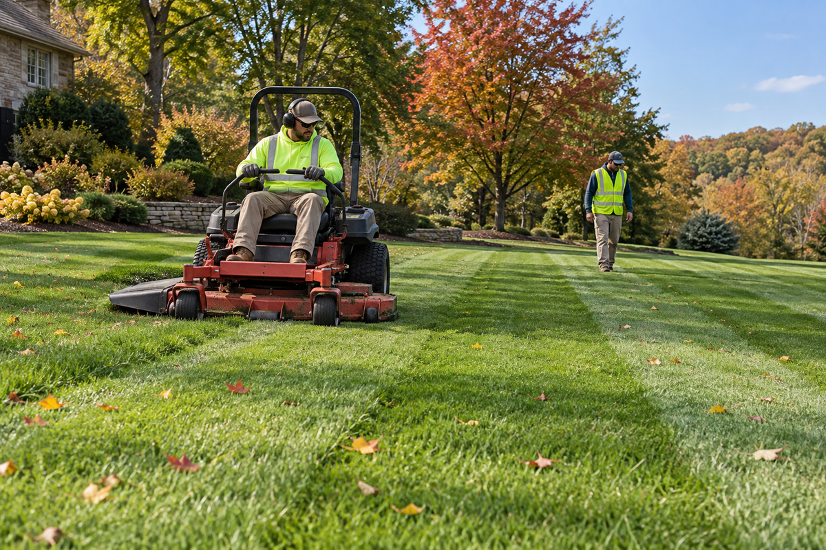 Landscaping crew mowing actively growing green turf under early-fall trees in Pennsylvania