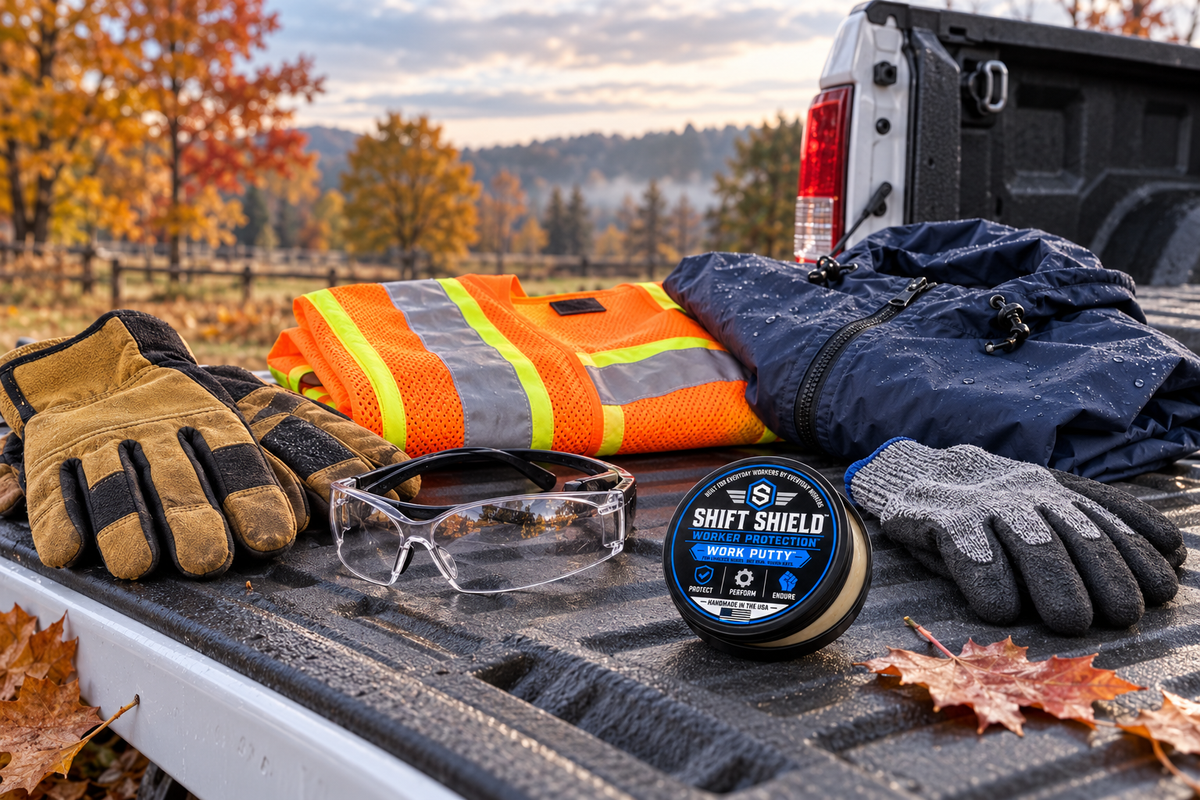 Work gloves, safety glasses, high-visibility vest, rain jacket and a Shift Shield Work Putty tin on a pickup tailgate in autumn.