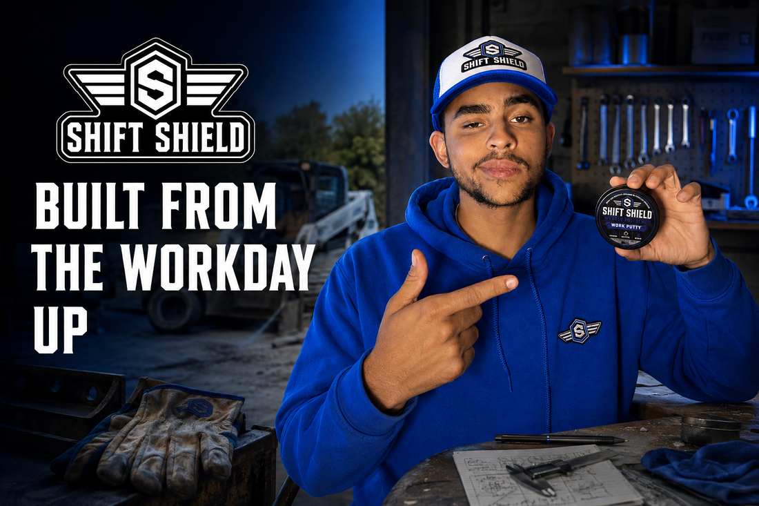 Shift Shield founder holding Work Putty beside the words Built From the Workday Up