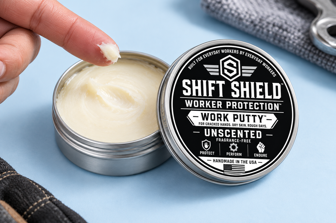 Small dab of balm on a fingertip beside an open Unscented Work Putty tin.
