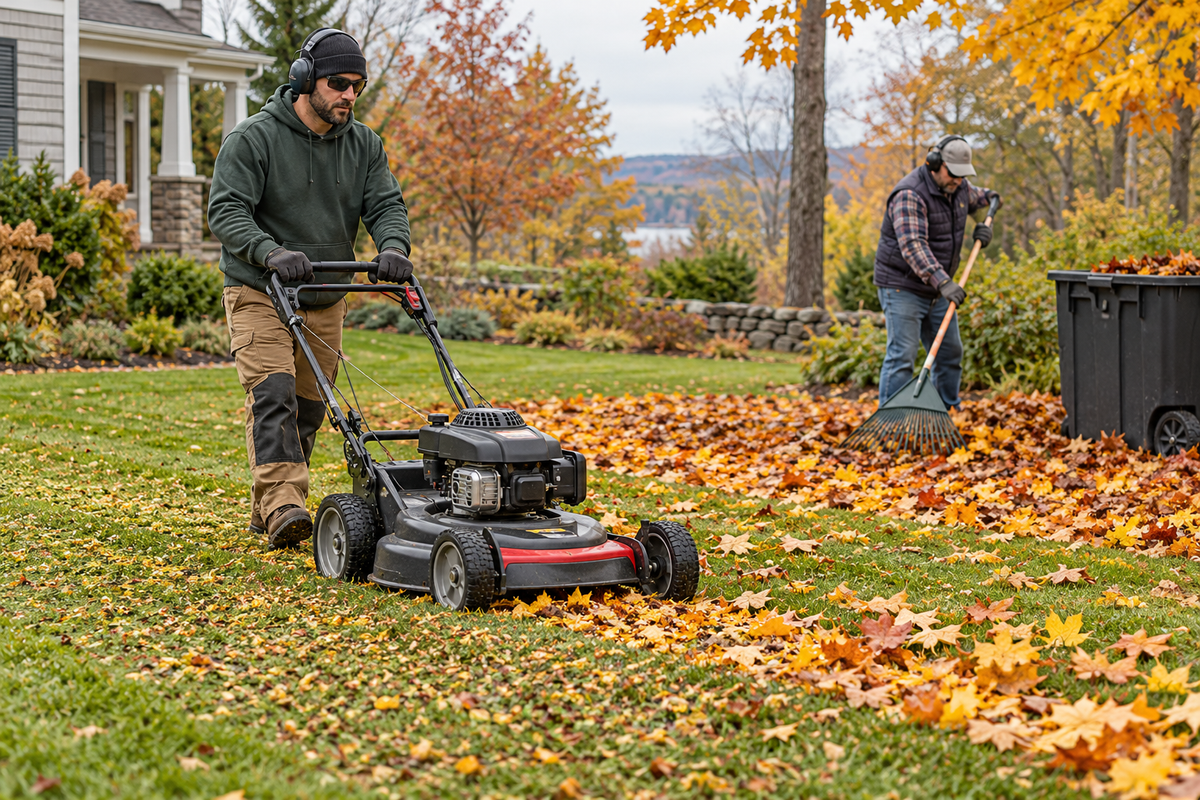 Landscaping crew mulching a light layer of fall leaves while collecting a heavier leaf pile for compost