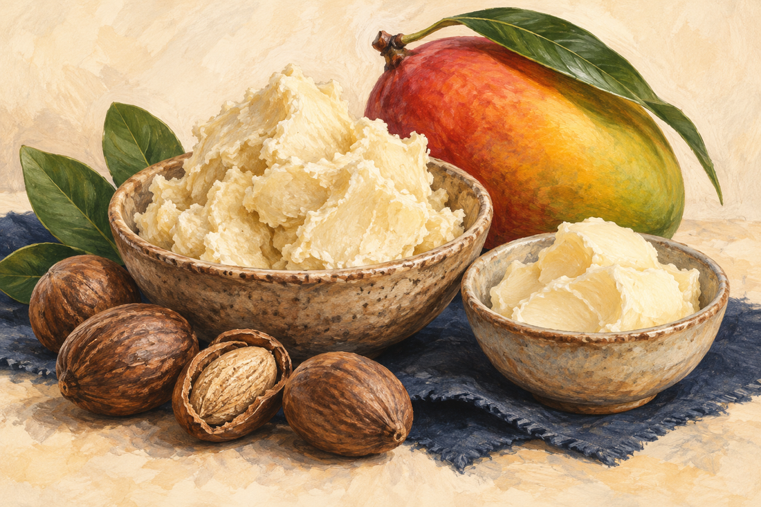 Botanical illustration of shea butter and mango butter in bowls beside shea nuts and a ripe mango.
