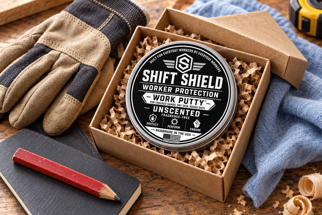 Unscented Work Putty tin in a kraft gift box with work gloves, a notebook, and a pencil.
