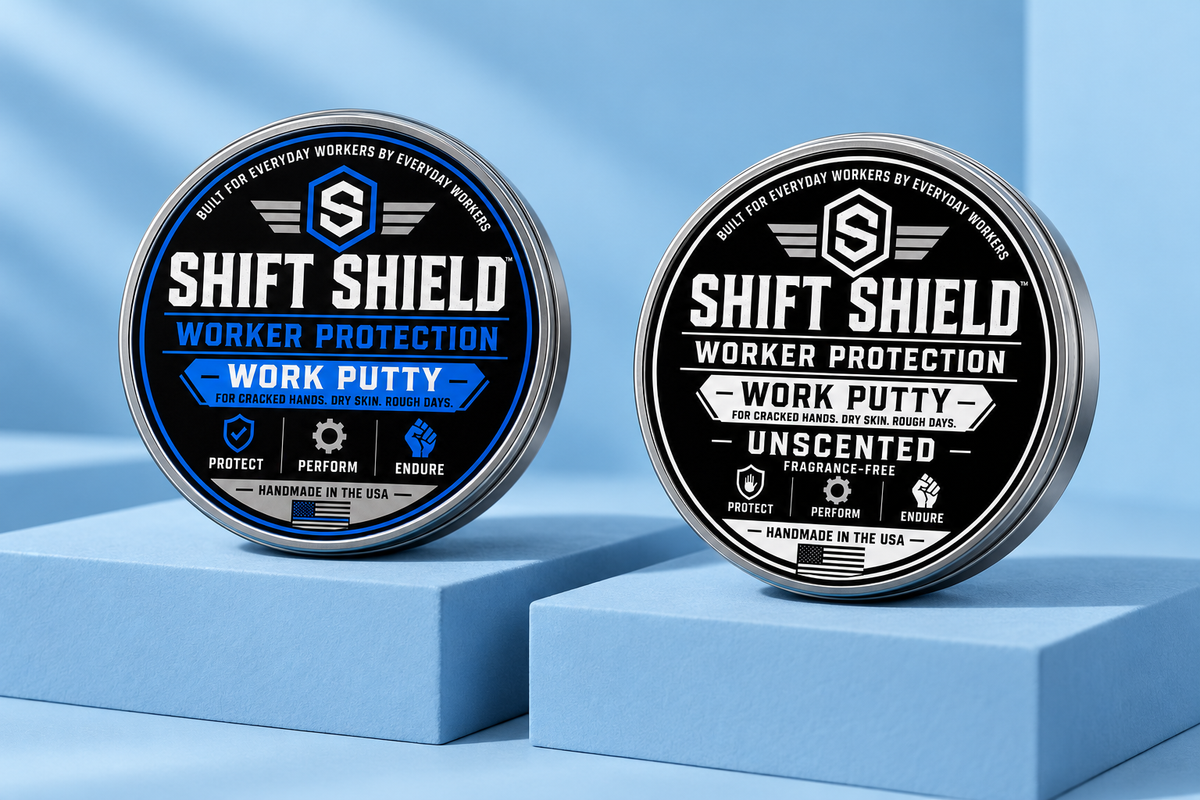 Original and Unscented Work Putty tins displayed side by side on light blue stands.