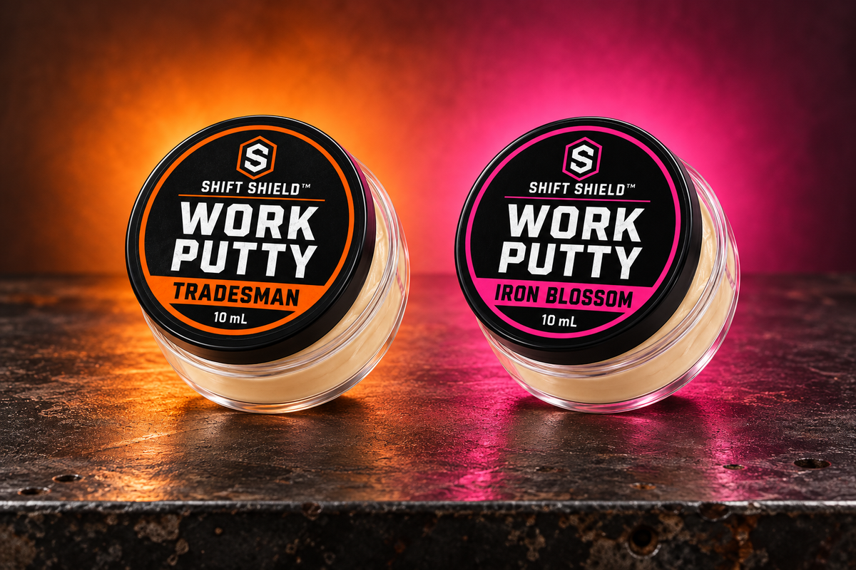Tradesman and Iron Blossom Work Putty 10 mL minis displayed together on a dark workbench with orange and pink lighting.