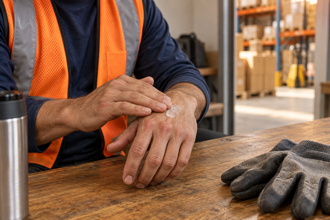 Illustrative scene of a warehouse worker applying balm during a break, with work gloves resting nearby.