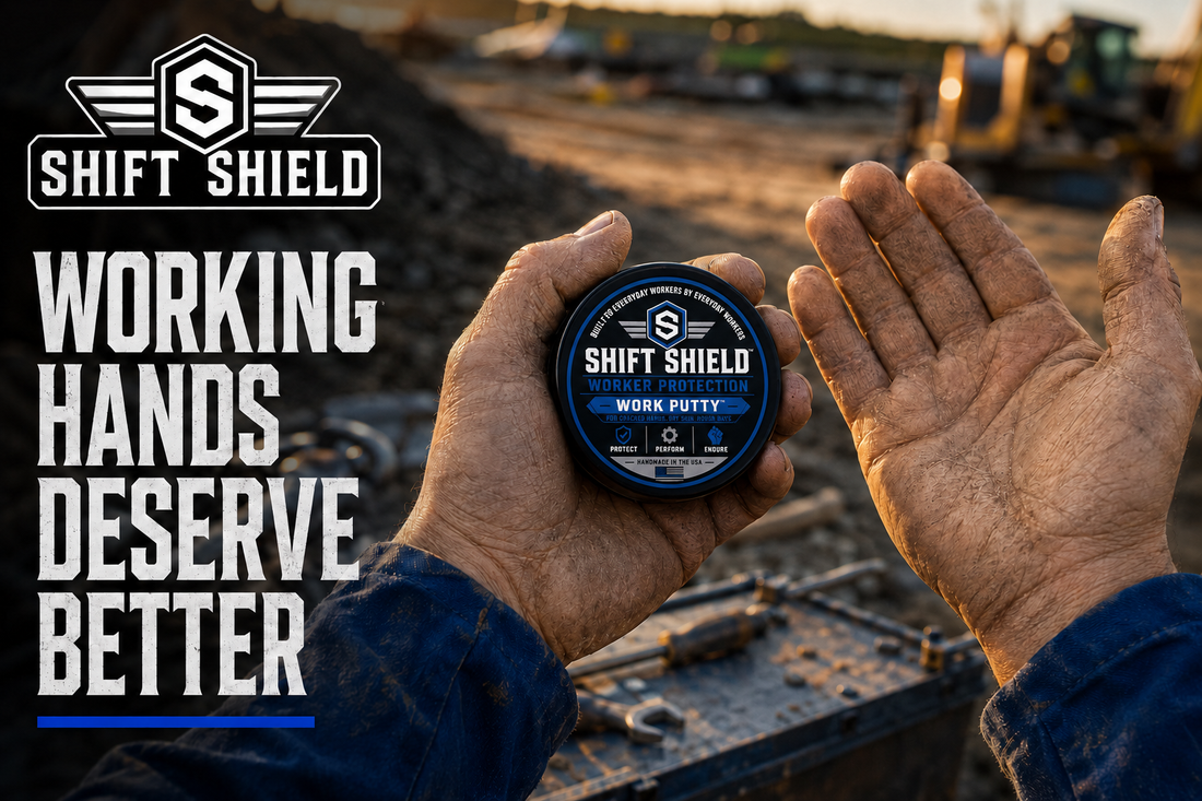 Working hands holding Shift Shield Work Putty beside the words Working Hands Deserve Better