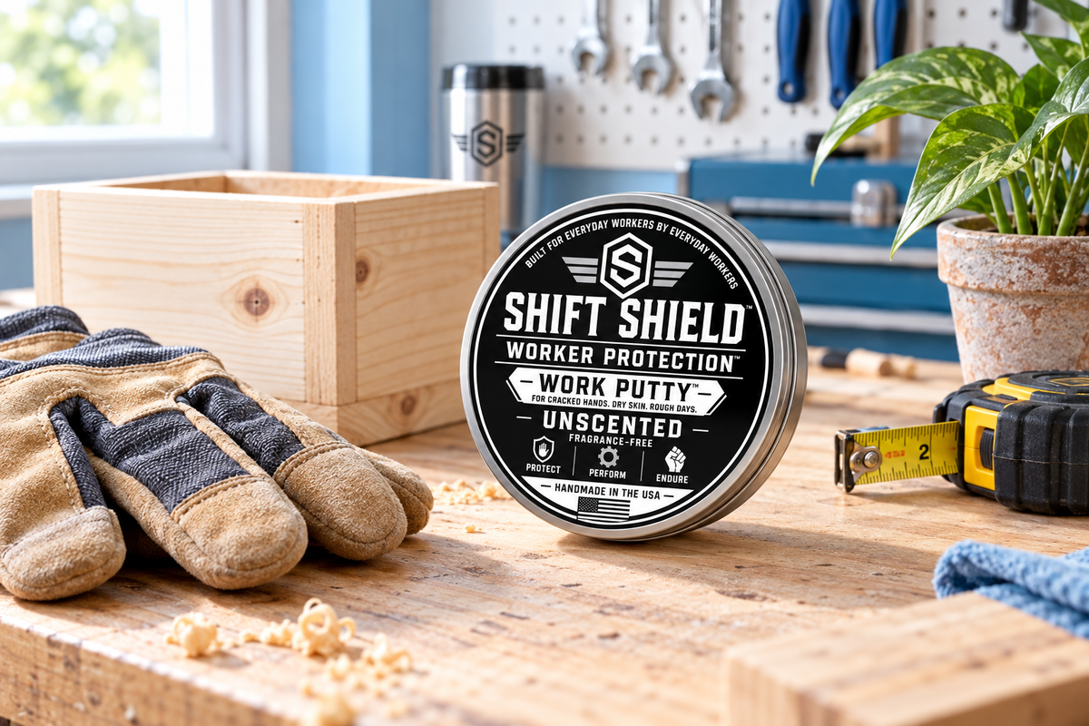 Unscented Work Putty on a bright workbench beside gloves, a wooden planter, and a potted plant.