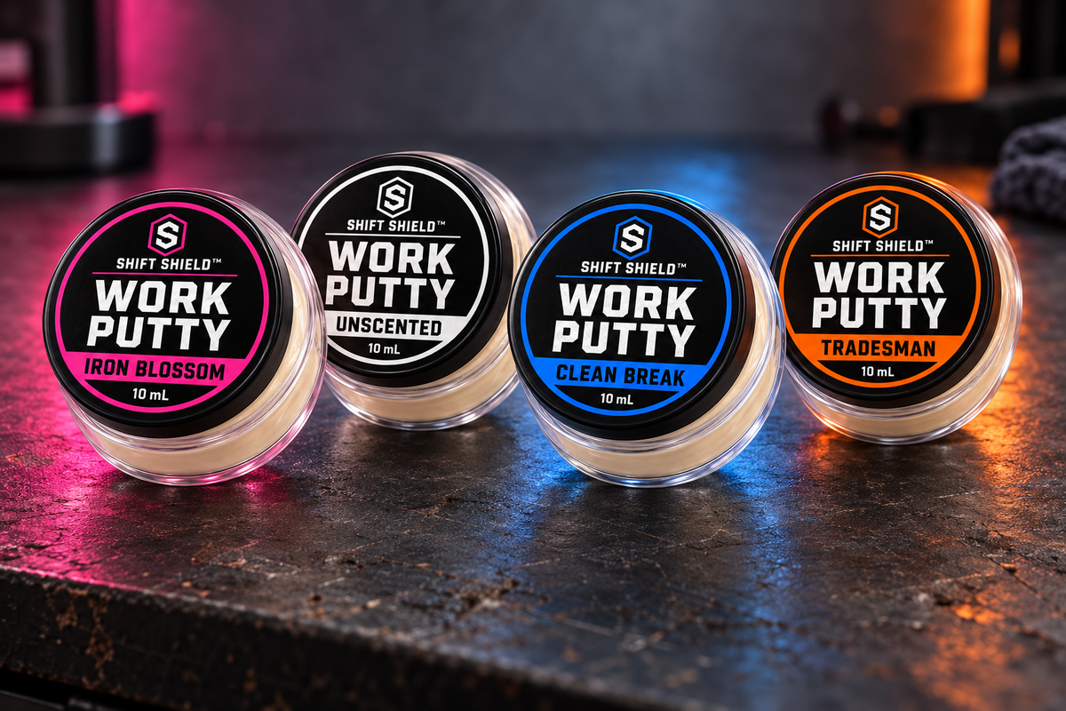 All four 10 mL Work Putty Minis—Iron Blossom, Unscented, Clean Break and Tradesman—with black lids and clear containers on a workbench.