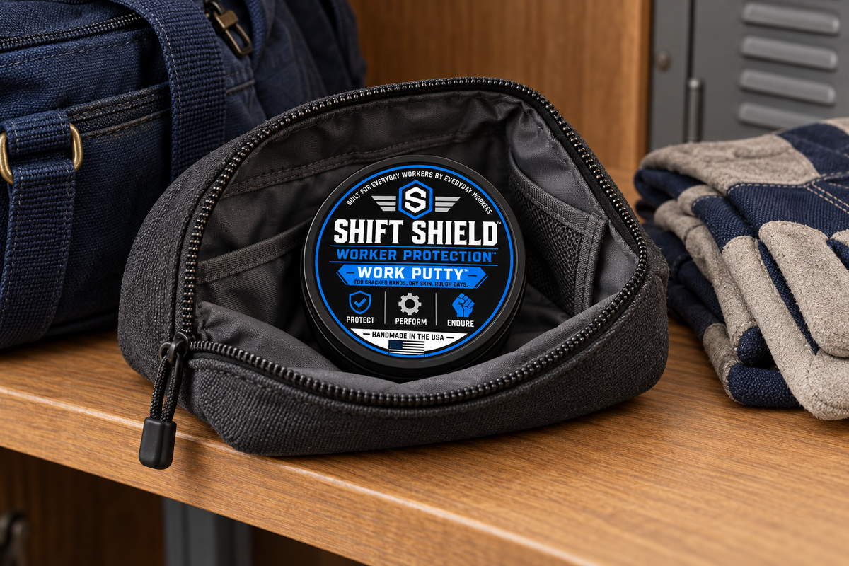 Illustrative scene of a closed Work Putty tin in a clean zippered pouch beside a work bag and gloves on an indoor shelf.