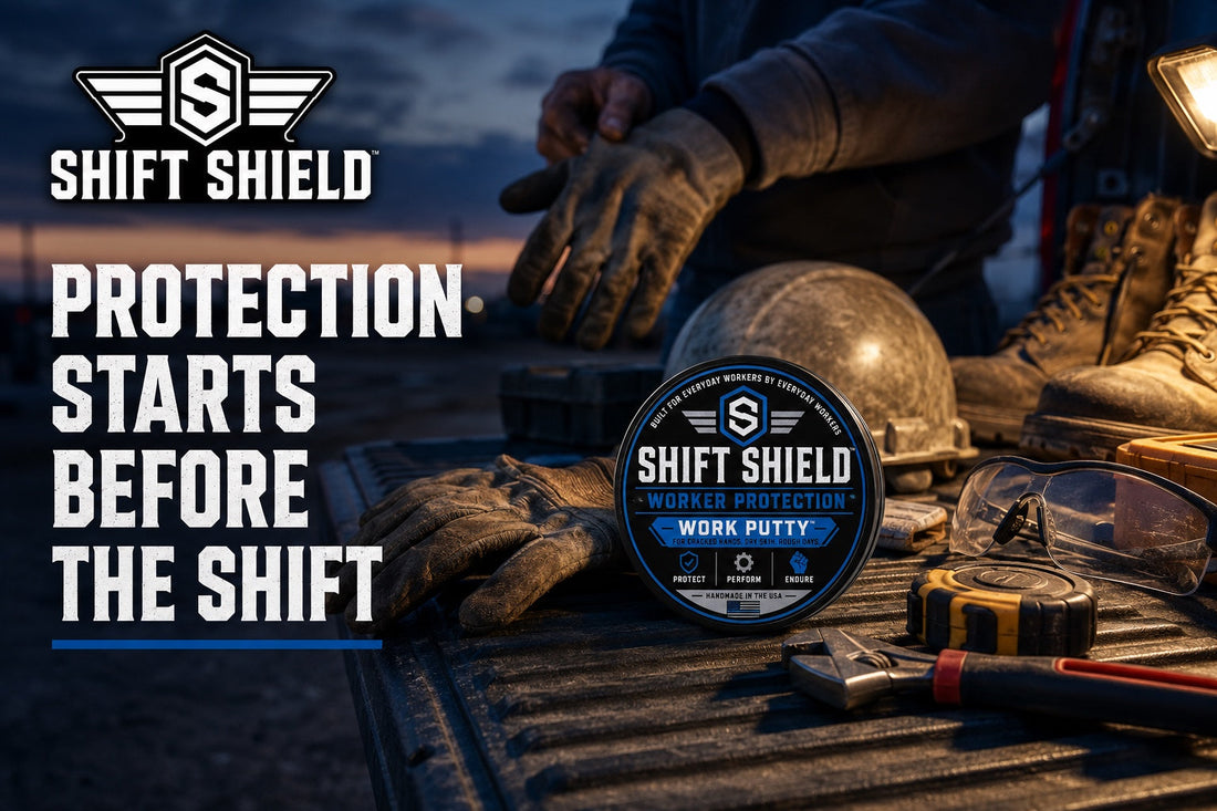 Shift Shield Work Putty with work gloves and safety gear beside the words Protection Starts Before the Shift