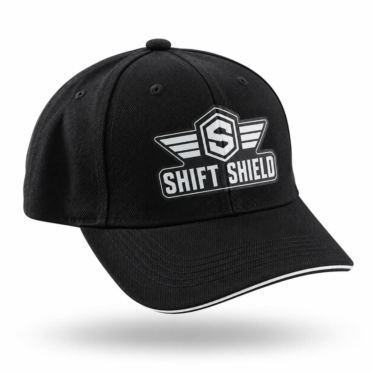 Black Shift Shield logo hat — angled view